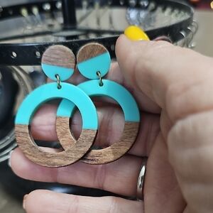 Paparazzi Teal and Wood Hoop Earrings